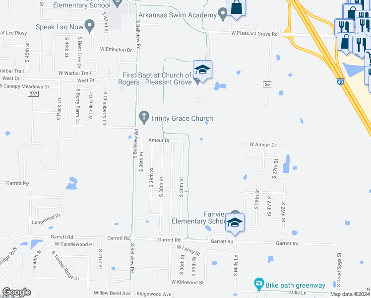 map of restaurants, bars, coffee shops, grocery stores, and more near 6007 South 36th Street in Rogers