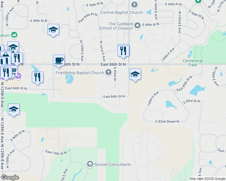 map of restaurants, bars, coffee shops, grocery stores, and more near 14300 East 84th Place North in Owasso