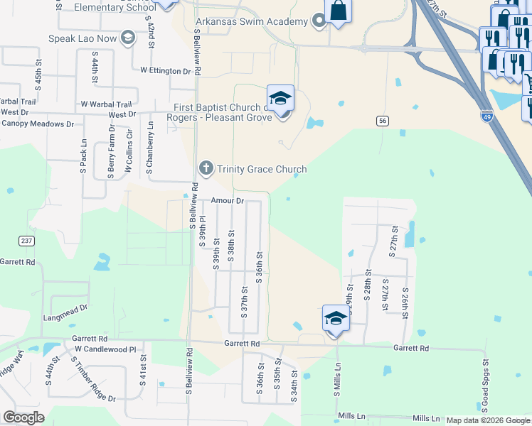map of restaurants, bars, coffee shops, grocery stores, and more near 6002 South 36th Street in Rogers