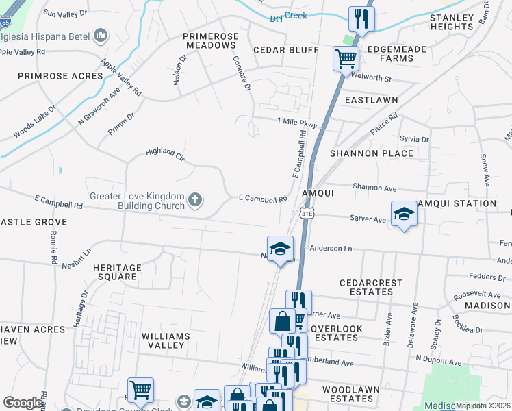 map of restaurants, bars, coffee shops, grocery stores, and more near 117 East Campbell Road in Nashville