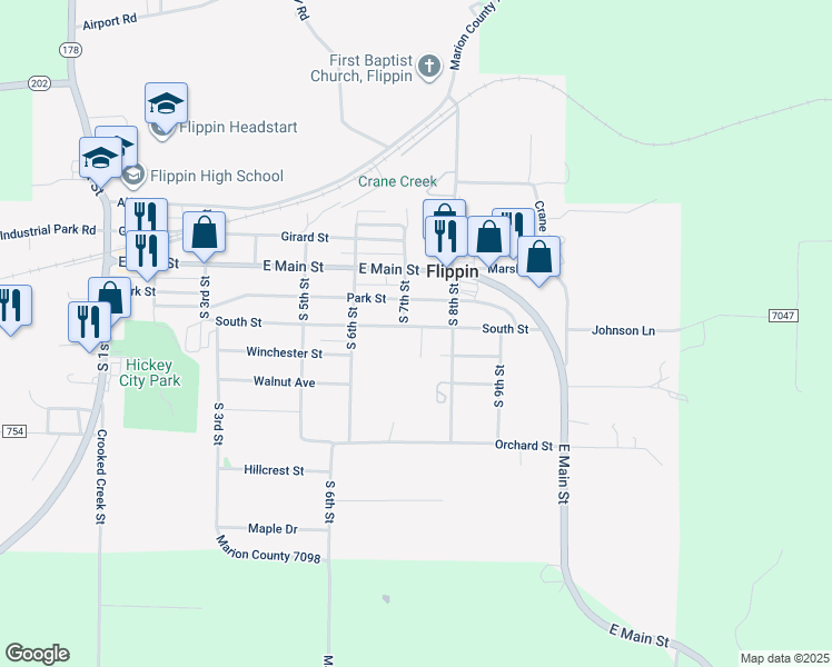 map of restaurants, bars, coffee shops, grocery stores, and more near 701 South Street in Flippin