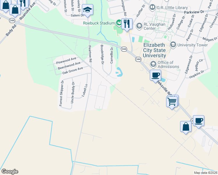 map of restaurants, bars, coffee shops, grocery stores, and more near 106 Bailey Street in Elizabeth City