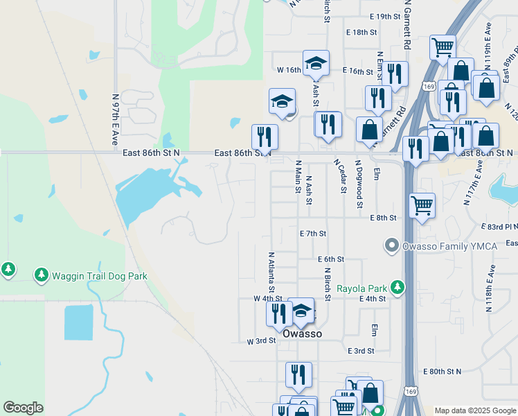 map of restaurants, bars, coffee shops, grocery stores, and more near 8405 North 102nd East Avenue in Owasso