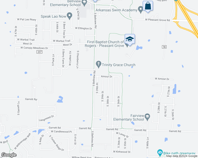 map of restaurants, bars, coffee shops, grocery stores, and more near 6003 South 39th Place in Rogers