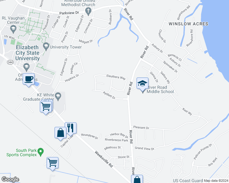 map of restaurants, bars, coffee shops, grocery stores, and more near 2109 Eleuthera Way in Elizabeth City