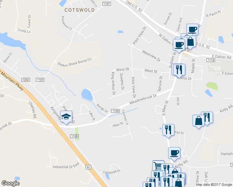 map of restaurants, bars, coffee shops, grocery stores, and more near 129 King Arthur Drive in King