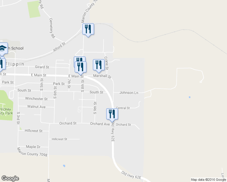 map of restaurants, bars, coffee shops, grocery stores, and more near Marshall Street in Flippin
