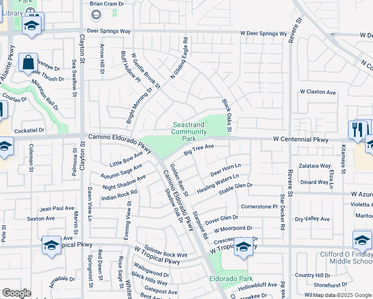 map of restaurants, bars, coffee shops, grocery stores, and more near 1418 Big Tree Avenue in North Las Vegas