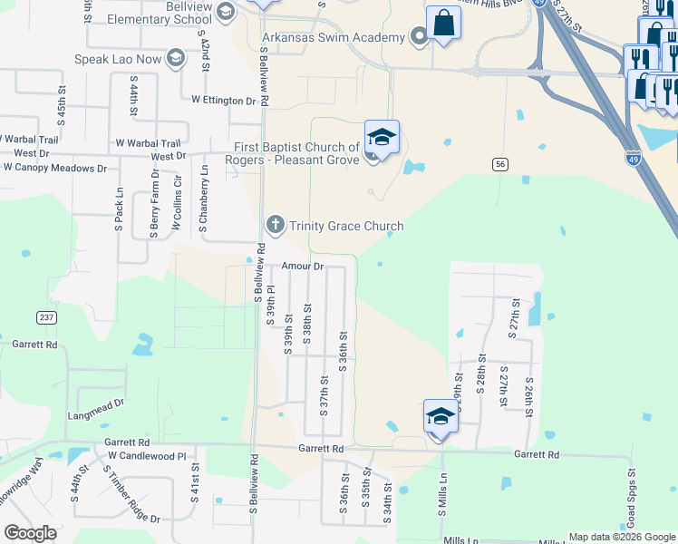 map of restaurants, bars, coffee shops, grocery stores, and more near 6002 South 36th Street in Rogers