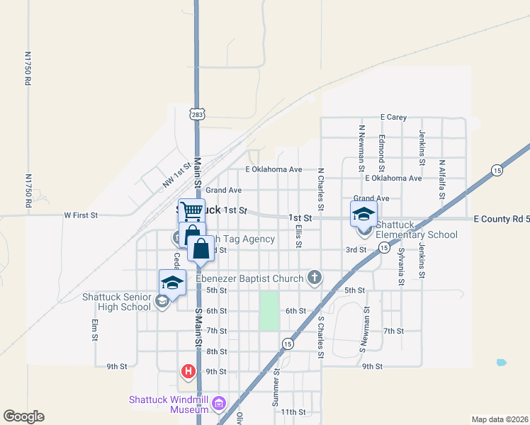 map of restaurants, bars, coffee shops, grocery stores, and more near 401 1st Street in Shattuck