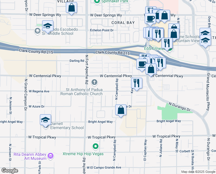 map of restaurants, bars, coffee shops, grocery stores, and more near Stanley Peak Court in Las Vegas