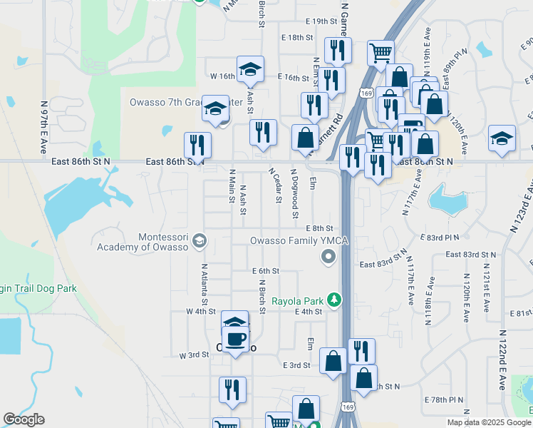 map of restaurants, bars, coffee shops, grocery stores, and more near 805 North Birch Street in Owasso