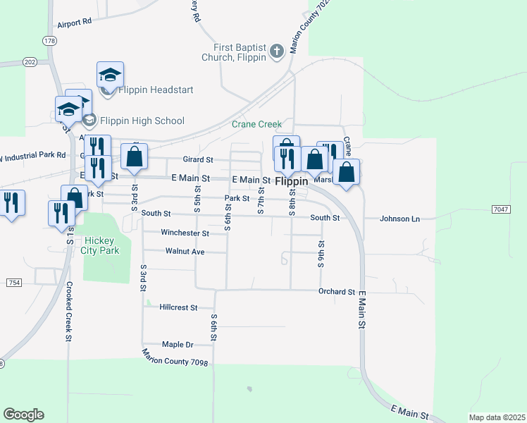 map of restaurants, bars, coffee shops, grocery stores, and more near 701 South Street in Flippin