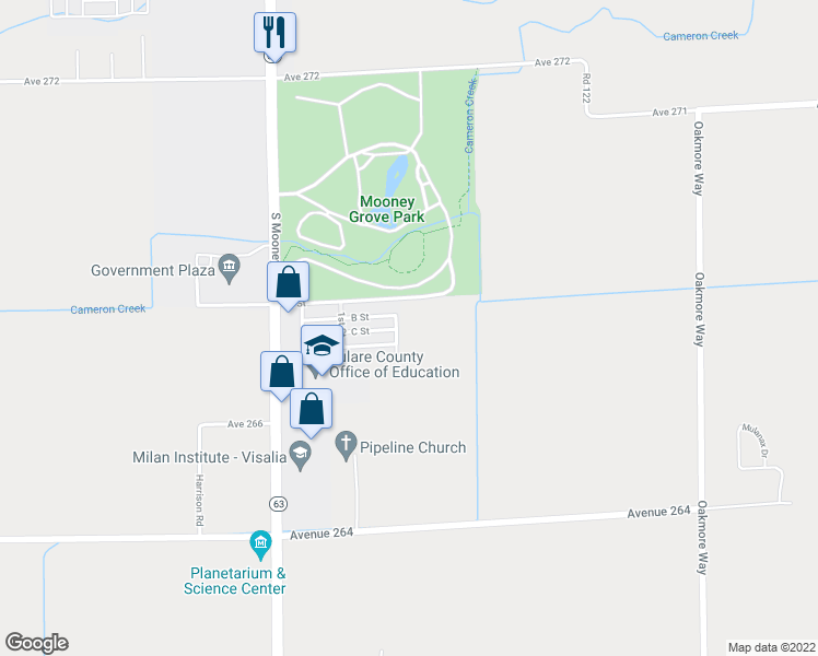 map of restaurants, bars, coffee shops, grocery stores, and more near 26814 South Mooney Boulevard in Visalia