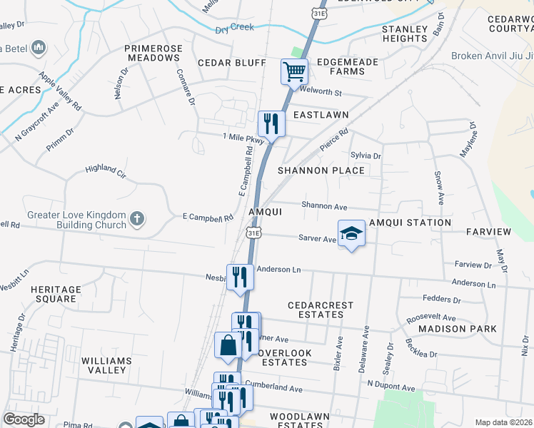 map of restaurants, bars, coffee shops, grocery stores, and more near 1509 Pierce Road in Nashville
