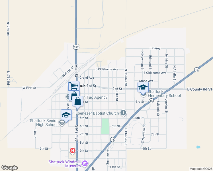 map of restaurants, bars, coffee shops, grocery stores, and more near 401 1st Street in Shattuck