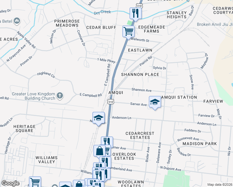 map of restaurants, bars, coffee shops, grocery stores, and more near 1509 Pierce Road in Nashville
