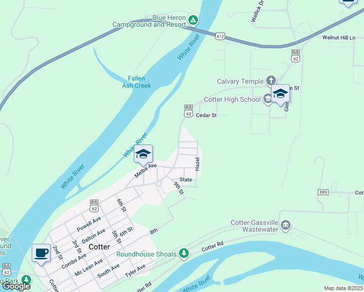 map of restaurants, bars, coffee shops, grocery stores, and more near 1040 Harding Boulevard in Cotter