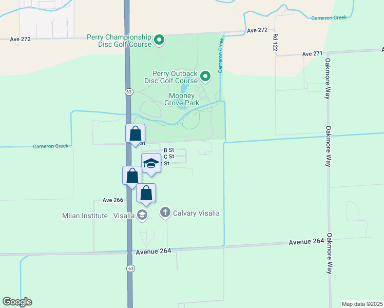 map of restaurants, bars, coffee shops, grocery stores, and more near 26814 South Mooney Boulevard in Visalia