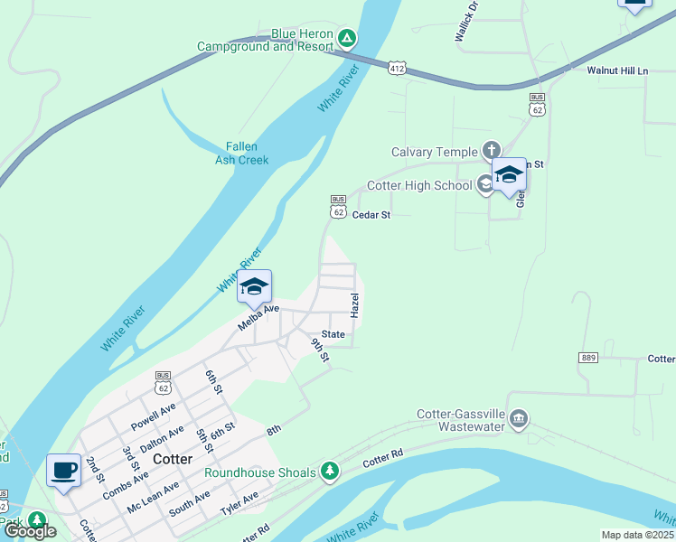 map of restaurants, bars, coffee shops, grocery stores, and more near 1040 Harding Boulevard in Cotter