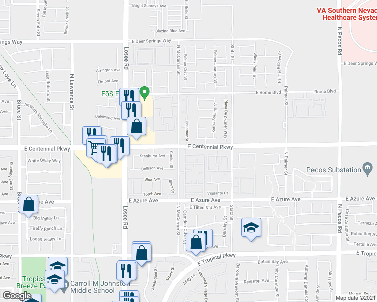 map of restaurants, bars, coffee shops, grocery stores, and more near 1155 East Centennial Parkway in North Las Vegas