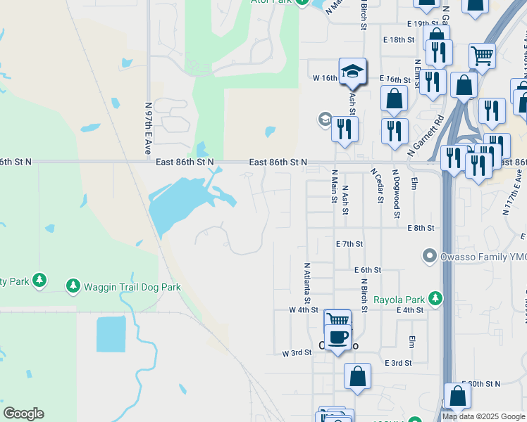 map of restaurants, bars, coffee shops, grocery stores, and more near 8403 North 100th East Avenue in Owasso