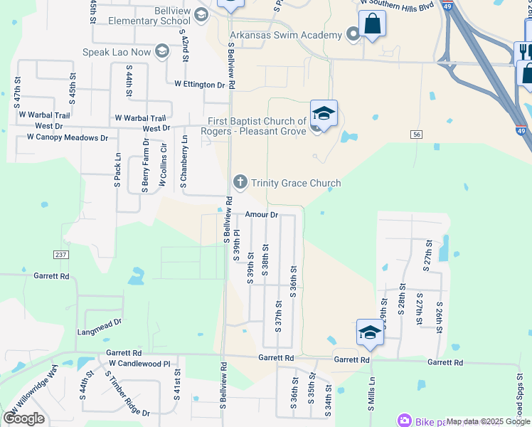 map of restaurants, bars, coffee shops, grocery stores, and more near 3708 South 38th Street in Rogers