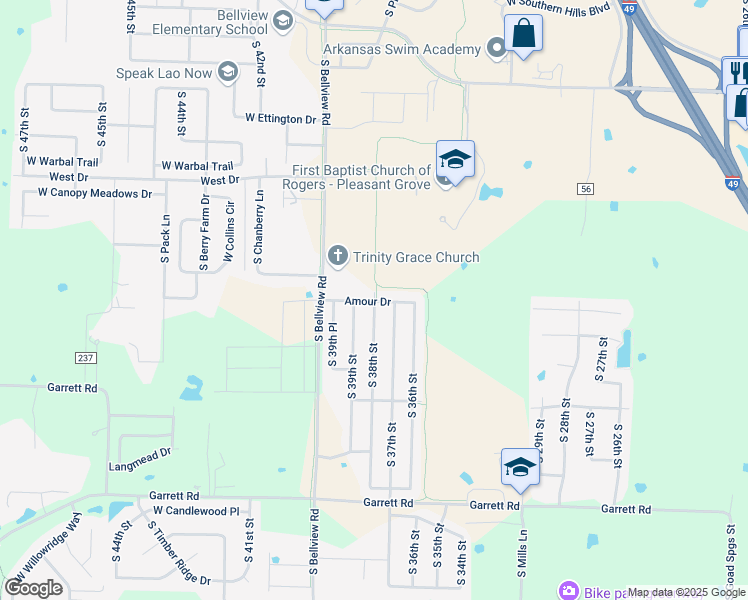 map of restaurants, bars, coffee shops, grocery stores, and more near 3708 South 38th Street in Rogers