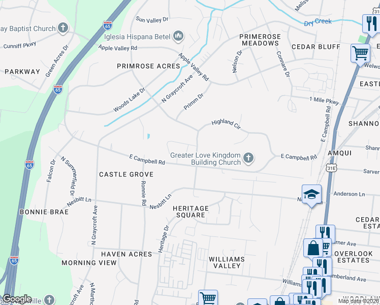 map of restaurants, bars, coffee shops, grocery stores, and more near 500-510 Campbell Road in Nashville