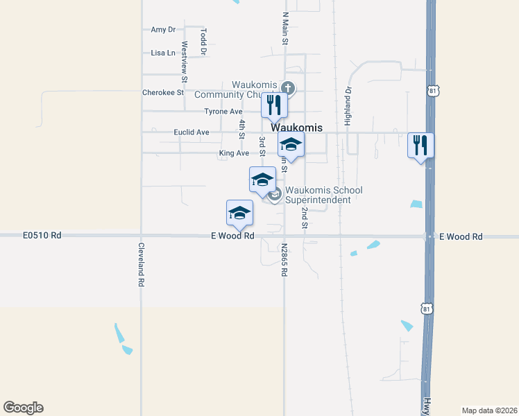 map of restaurants, bars, coffee shops, grocery stores, and more near 130 Locust Street in Waukomis