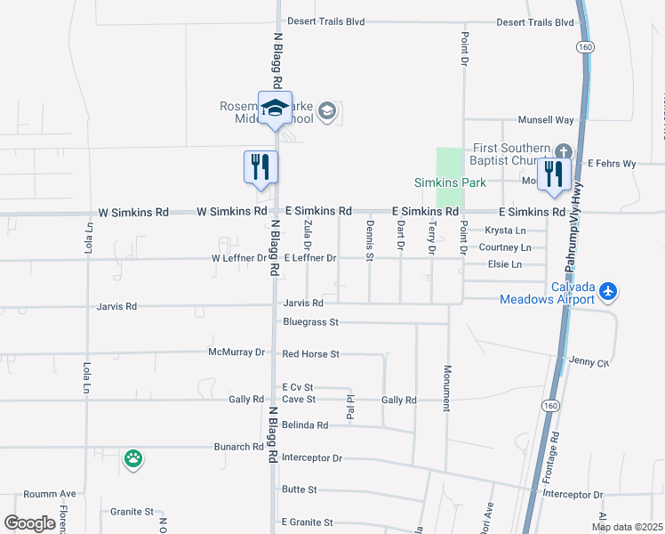 map of restaurants, bars, coffee shops, grocery stores, and more near 3850 Leonard Street in Pahrump