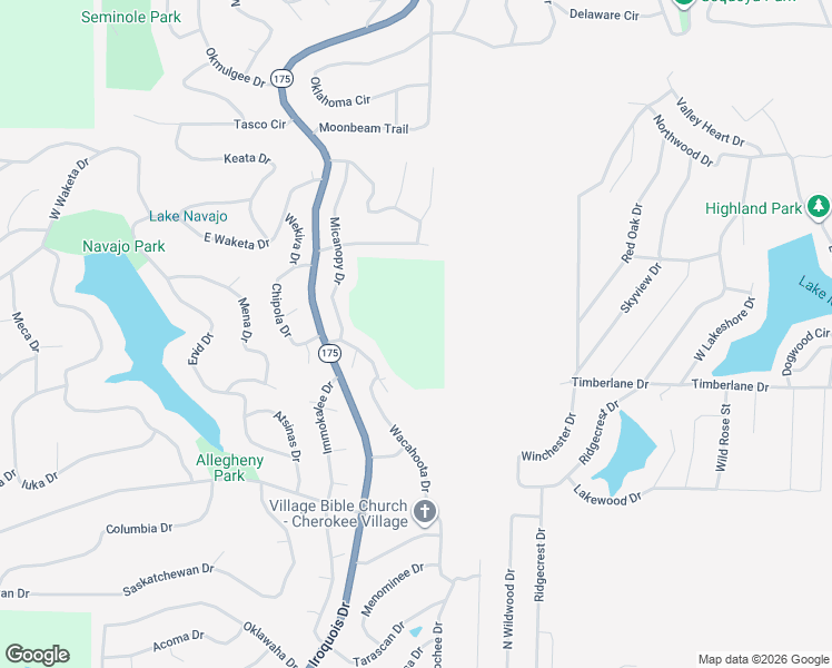 map of restaurants, bars, coffee shops, grocery stores, and more near Hictochee Circle in Cherokee Village