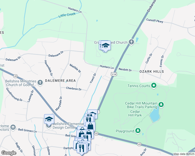 map of restaurants, bars, coffee shops, grocery stores, and more near 4057 Yoest Drive in Nashville