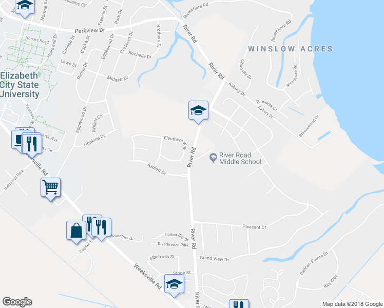 map of restaurants, bars, coffee shops, grocery stores, and more near 1667 River Road in Elizabeth City