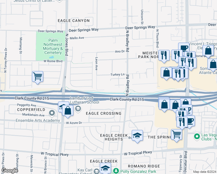 map of restaurants, bars, coffee shops, grocery stores, and more near Leon Avenue in Las Vegas