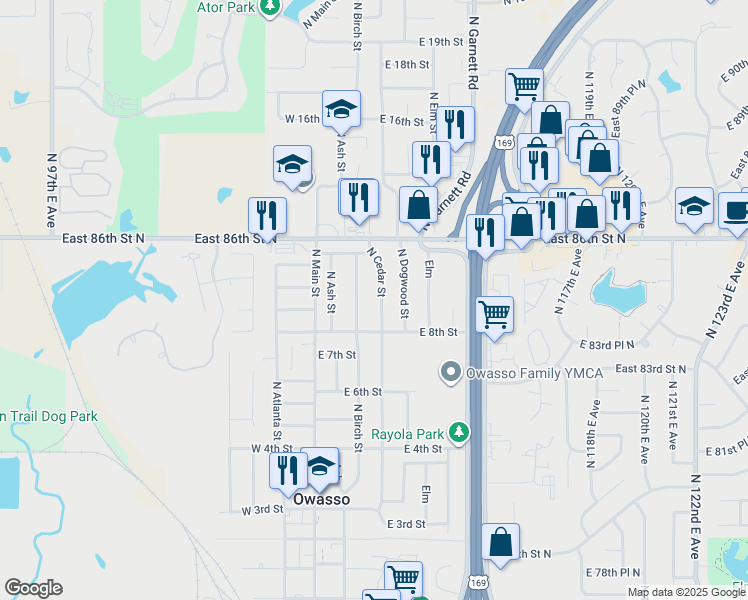 map of restaurants, bars, coffee shops, grocery stores, and more near 805 North Birch Street in Owasso