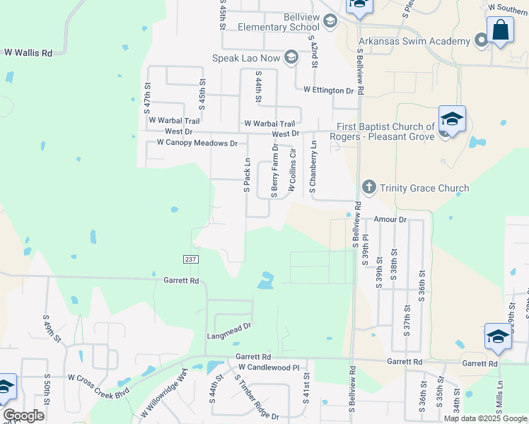 map of restaurants, bars, coffee shops, grocery stores, and more near 5743 West Cobbler Place in Rogers