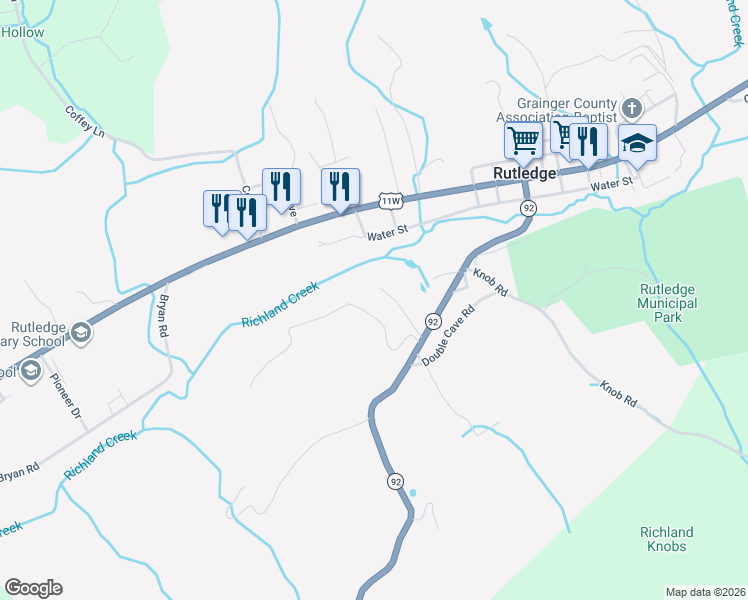 map of restaurants, bars, coffee shops, grocery stores, and more near 220 Overlook Lane in Rutledge