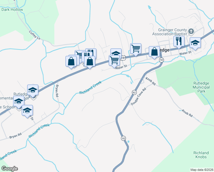 map of restaurants, bars, coffee shops, grocery stores, and more near 265 Overlook Lane in Rutledge