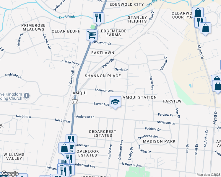 map of restaurants, bars, coffee shops, grocery stores, and more near 141 Shannon Avenue in Nashville
