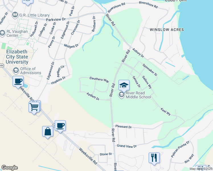 map of restaurants, bars, coffee shops, grocery stores, and more near 2136 Eleuthera Way in Elizabeth City