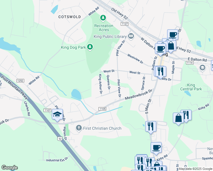 map of restaurants, bars, coffee shops, grocery stores, and more near 129 King Arthur Drive in King
