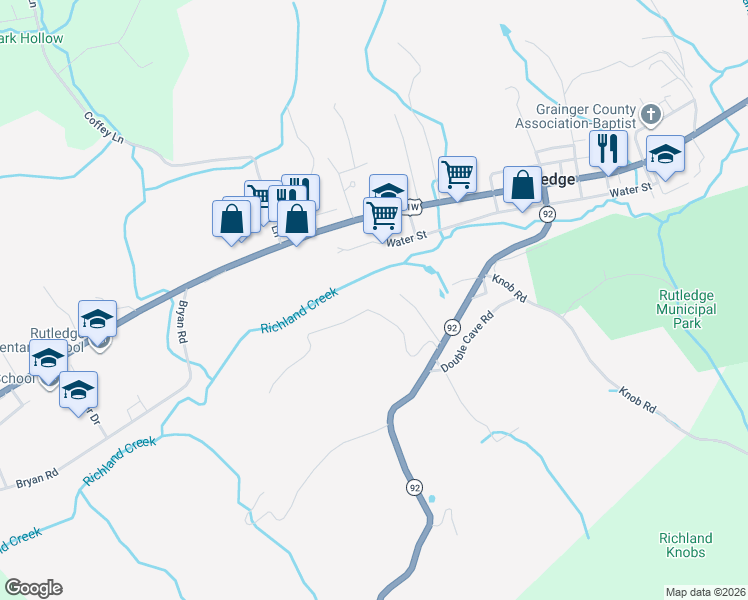 map of restaurants, bars, coffee shops, grocery stores, and more near 220 Overlook Lane in Rutledge