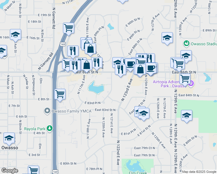 map of restaurants, bars, coffee shops, grocery stores, and more near 12016 East 85th Street North in Owasso