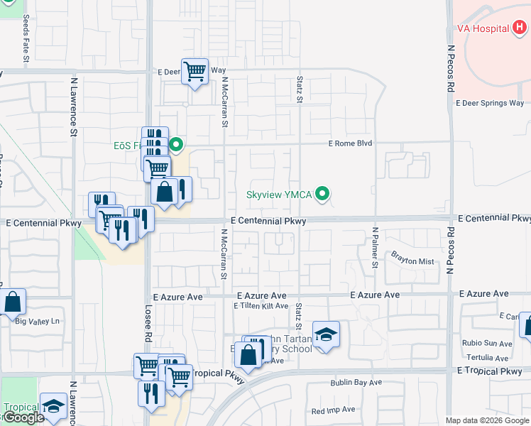 map of restaurants, bars, coffee shops, grocery stores, and more near 2837 Woodland Park Avenue in North Las Vegas