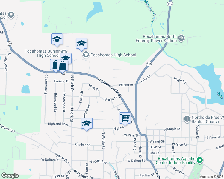 map of restaurants, bars, coffee shops, grocery stores, and more near 2015 North Thomasville Street in Pocahontas