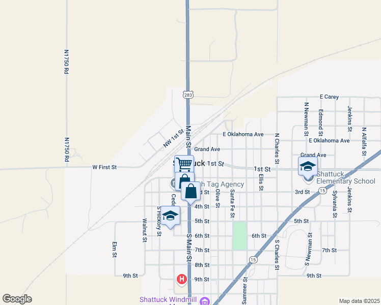 map of restaurants, bars, coffee shops, grocery stores, and more near 219 Northwest 1st Street in Shattuck