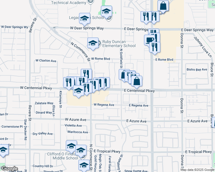map of restaurants, bars, coffee shops, grocery stores, and more near 125 Stockton Edge Avenue in North Las Vegas
