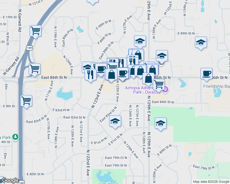 map of restaurants, bars, coffee shops, grocery stores, and more near 12414 East 86th Street North in Owasso