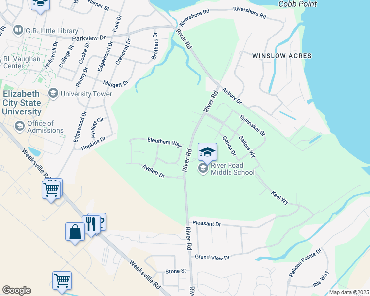map of restaurants, bars, coffee shops, grocery stores, and more near 2143 Eleuthera Way in Elizabeth City